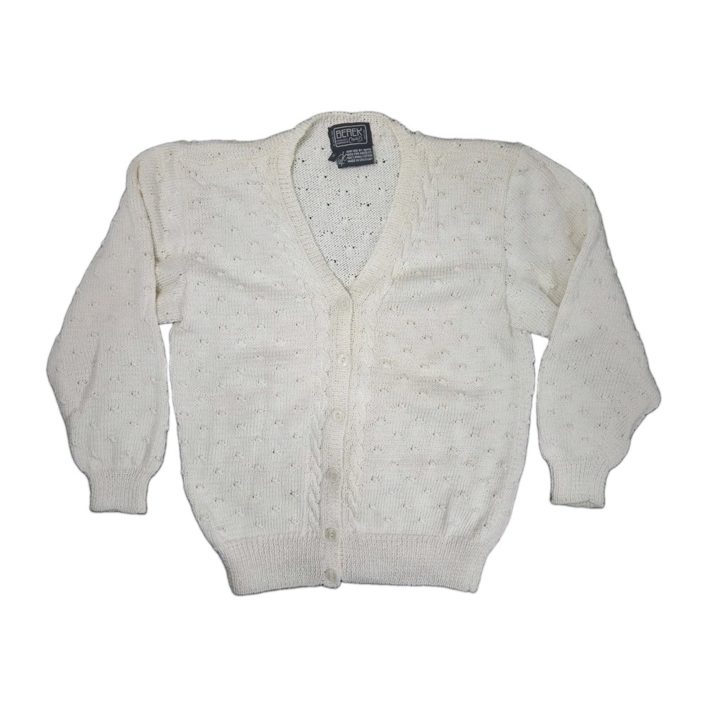 Vtg Berek Hand Knit Pima Cotton White Cardigan Classic 80s Sweater Womens Med
